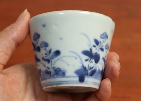 江戸中期紙刷古印判女郎花図猪口　直し,高台ホツ
