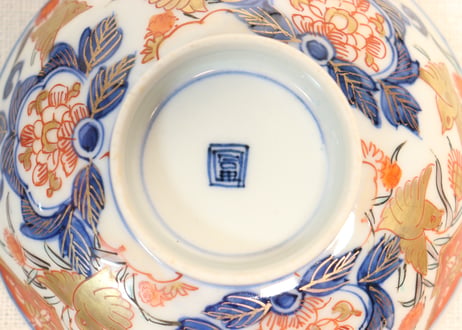明治前期色絵芦に鳥と牡丹図通り物飯茶碗