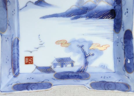 明治後期～大正染付金彩山水図長角皿