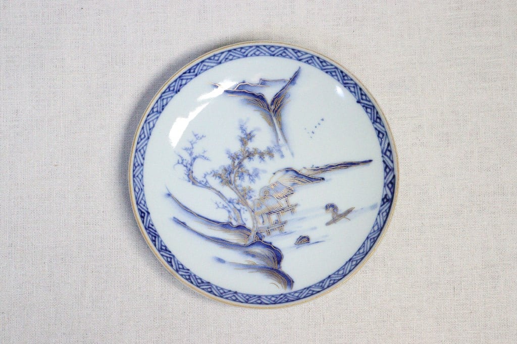九谷焼六角皿 明治期 色絵 染付山水図 手描き陶芸品 旧家蔵出 アンティーク