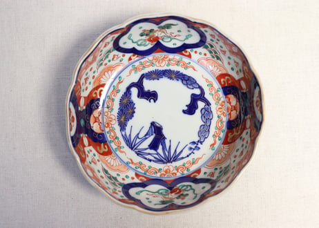 明治前期色絵波千鳥と獅子図春寒鉢 5客組 ややかたつき,ノミホツ