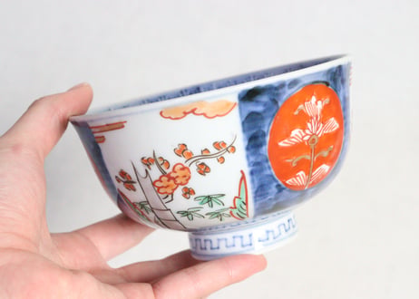 明治前期色絵桃と竹梅図通り物飯茶碗　蓋フリモノ