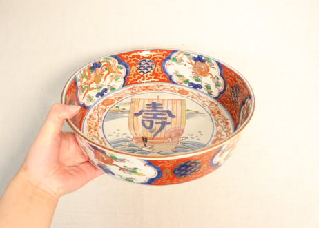 明治前期色絵帆掛け舟に龍と鳳凰図8寸鉢