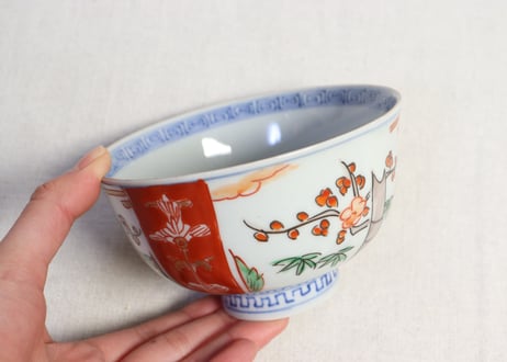 明治前期色絵三方に竹梅図通り物飯茶碗