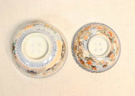 明治前期色絵牡丹と秋草図飯茶碗