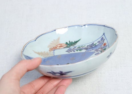 江戸中期色絵扇面に牡丹と羊歯図なます皿　5客組　１客高台ホツ