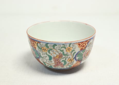 明治後期～大正色絵プリント花と唐子図蒸茶碗
