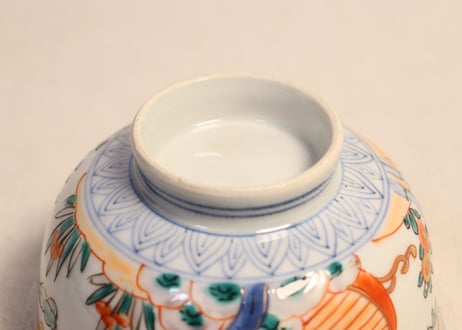 明治前期色絵花鳥に舟図飯茶碗　黒点