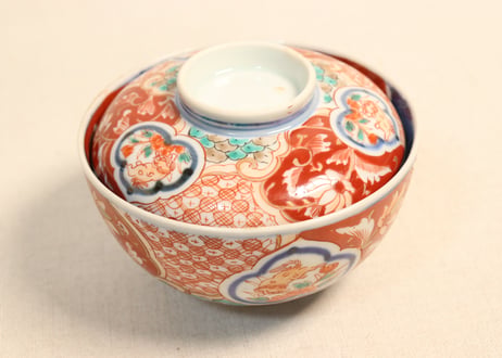 明治前期色絵獅子牡丹と幾何学文図飯茶碗②窯傷