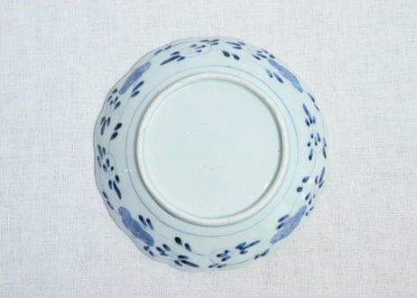 江戸幕末染付線描き蝶と牡丹図６寸皿