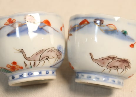 明治前期色絵山水と鶴図小向付