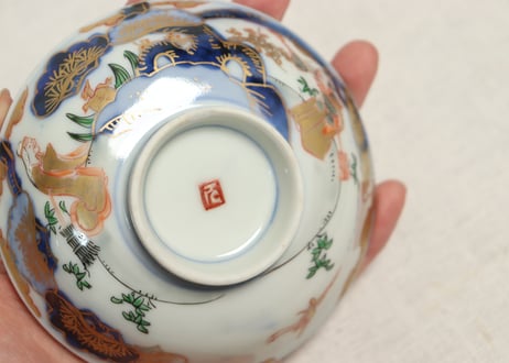 明治前期色絵高砂図通り物飯茶碗