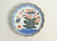 江戸幕末赤絵染付秋海棠と蝶図通り物小皿③ノミホツ