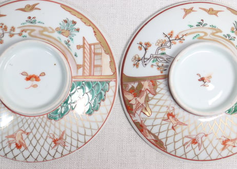 明治前期色絵網手に鶴と梅に鶯図通り物蒸茶碗①