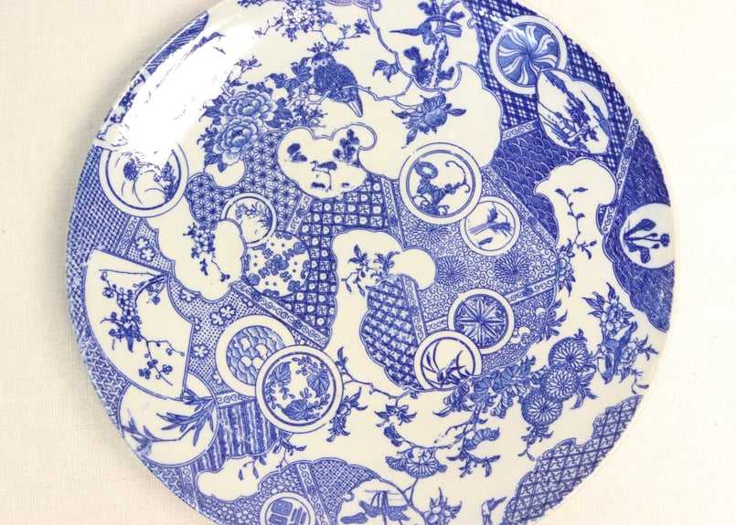 骨董　図変わり印判　希少　雪輪に福助　蓑亀　縁起図案　色絵印判　手塩皿　２客 骨董 図変わり印判 希少 雪輪に福助 蓑亀 縁起図案 色絵印判