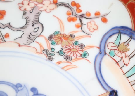 明治前期色絵梅に鶯と菖蒲図通り物7寸皿①