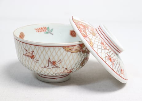 明治前期色絵網手に鶴と梅に鶯図通り物蒸茶碗①