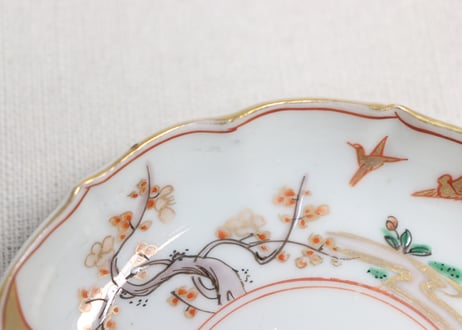 明治前期色絵網手に鶴と梅に鶯図通り物小皿②窯傷