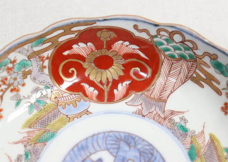 明治前期色絵松竹梅に鶴亀図通り物なます皿③ノミホツ