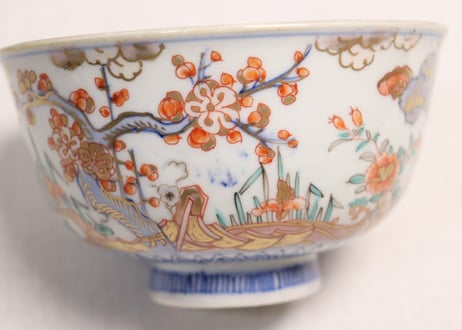 明治前期色絵三方松竹梅と花鳥図通り物飯茶碗