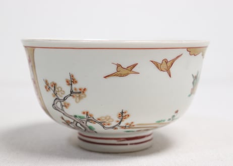明治前期色絵網手に鶴と梅に鶯図通り物飯茶碗
