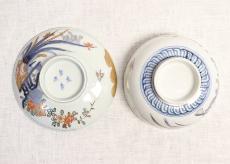 明治前期色絵春蘭と椿図通り物蒸茶碗
