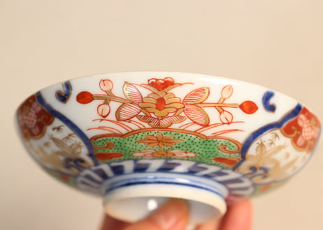明治前期色絵若松と牡丹図飯茶碗