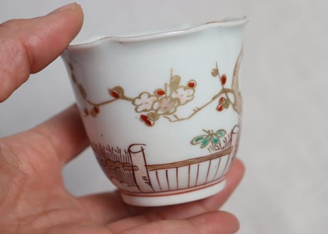 江戸中期色絵芝垣に梅と鶯図輪花向付 小ホツ