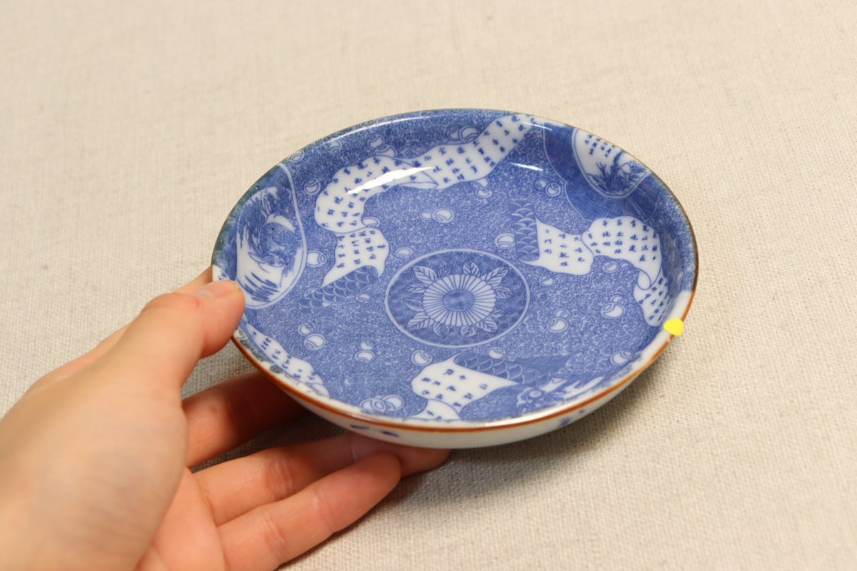 明治　印判皿　月うさぎ 明治後期～大正銅判巻物と兎図小皿②小ニュウ、ノミホツ