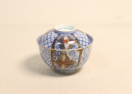 明治前期金彩染付花と幾何学文通り物飯茶碗