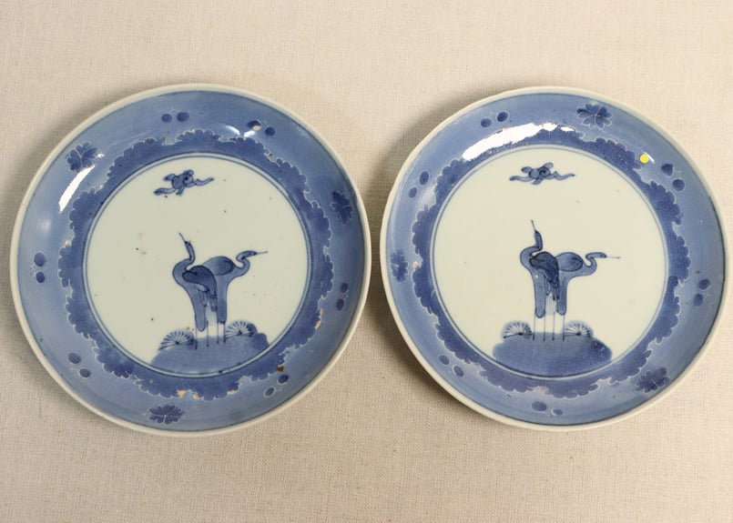 江戸中期染付桜と波に双鶴図6.5寸皿 甘手,釉切れ,フリモノ | 吉祥寺