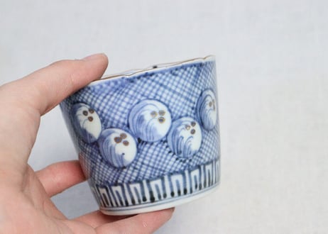 江戸後期色絵山水に丸文図猪口　5客組