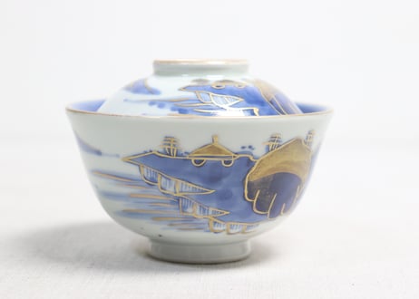 江戸幕末金彩染付山水図飯茶碗
