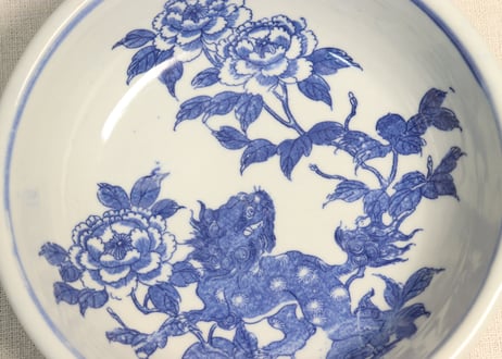 明治後期～大正銅判獅子牡丹図うどん鉢　少かたつき