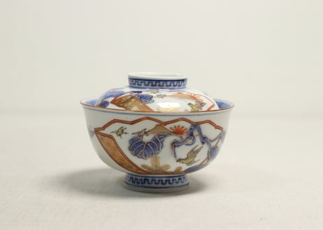 明治前期色絵富士に鷹と茄子図蓋茶碗②高台ホツ