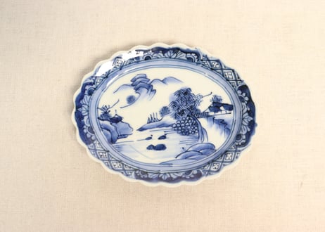 向付 染付 七福神 5客 明治 大正 昭和初期 銘 変形皿 小皿 その2 明治時代の手描きの皿(落款入) 向付 染付 七福神 5客 明治