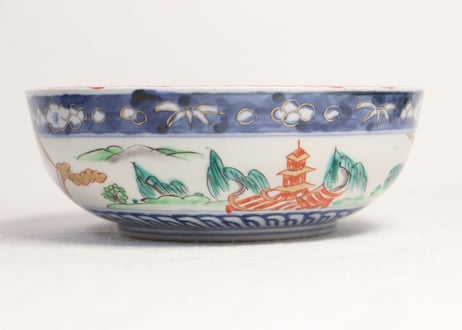 明治前期色絵鳥と巾着袋図三ツ組鉢 中サイズ釉剥げ