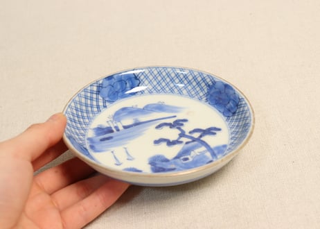 江戸幕末染付山水と牡丹図小皿 窯傷,フリモノ