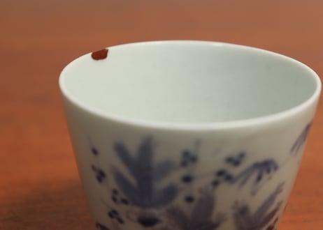 江戸中期紙刷古印判松竹梅図猪口　直し,高台小ホツ