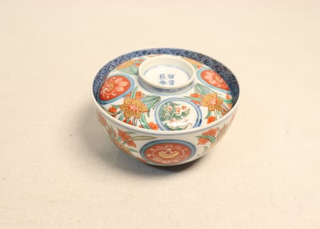 明治前期色絵四方に水仙図蓋茶碗　５客組　蓋窯傷,ノミホツあり