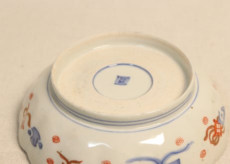 明治前期色絵桃に山水と鳥籠図通り物なます皿①5客組 1客少甘手