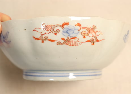 明治前期色絵鶉と鶴丸図大なます皿①　見込み濃いめ