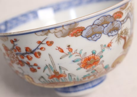 明治前期色絵三方松竹梅と花鳥図通り物飯茶碗