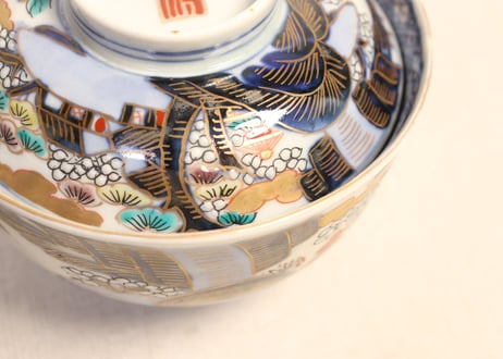 明治前期色絵山水図通り物飯茶碗①