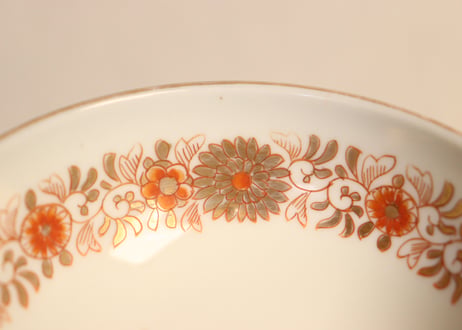 明治前期色絵菊に唐草と野菜図輪茶碗 5客組