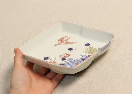 明治後期～大正色絵紅葉と鳥図縁立菱形皿②釉剥げ