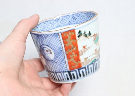 江戸後期色絵山水に丸文図猪口　5客組