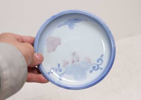 明治後期～大正染付鶴と桐と桜図小皿
