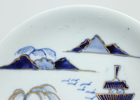 明治前期金彩染付山水図5寸皿