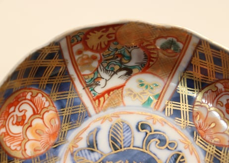 明治前期色絵桃と鶴図通り物小皿①